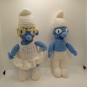 Pair of Smurf Handmade Crochet Knit Dolls 12" Tall